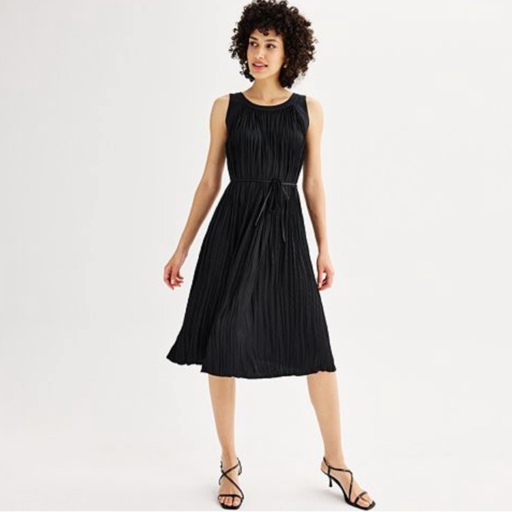 XS Nine West Elegant Black Sleeveless Dress, Pleated Verticle Krinkle, Flowy